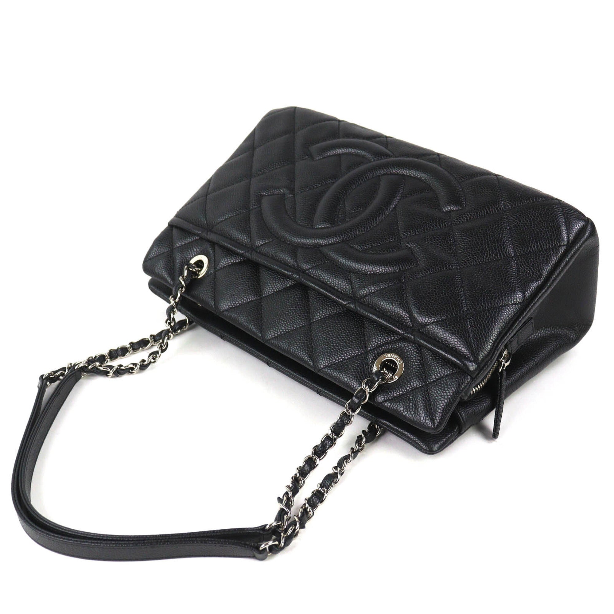 CHANEL A67294 Caviar Skin Coco Mark Matelassé Chain Tote Bag, Black with Silver Hardware, Comes Dust Made in Italy, Women's, Very Popular, Highly Recommended ◎ — Like New