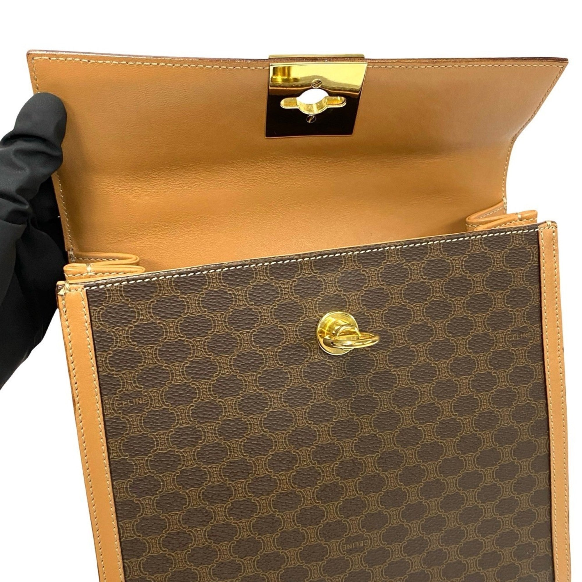 CELINE Macadam Blason Triomphe Print Logo Ring Hardware Leather 2-Way Handbag/Shoulder Bag Brown 35397 — Like New