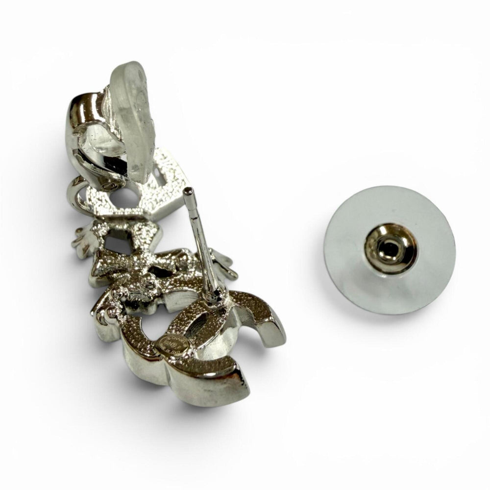 CHANEL B23P Coco Mark No. 5 Clover Rhinestone Earrings, Silver, Made in Italy, 2023 Model, Women's, with Box — Like New
