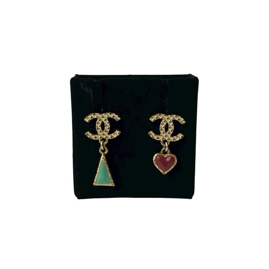 CHANEL Coco Mark Heart Triangle Earrings, Gold, Green, and Rose, 85407