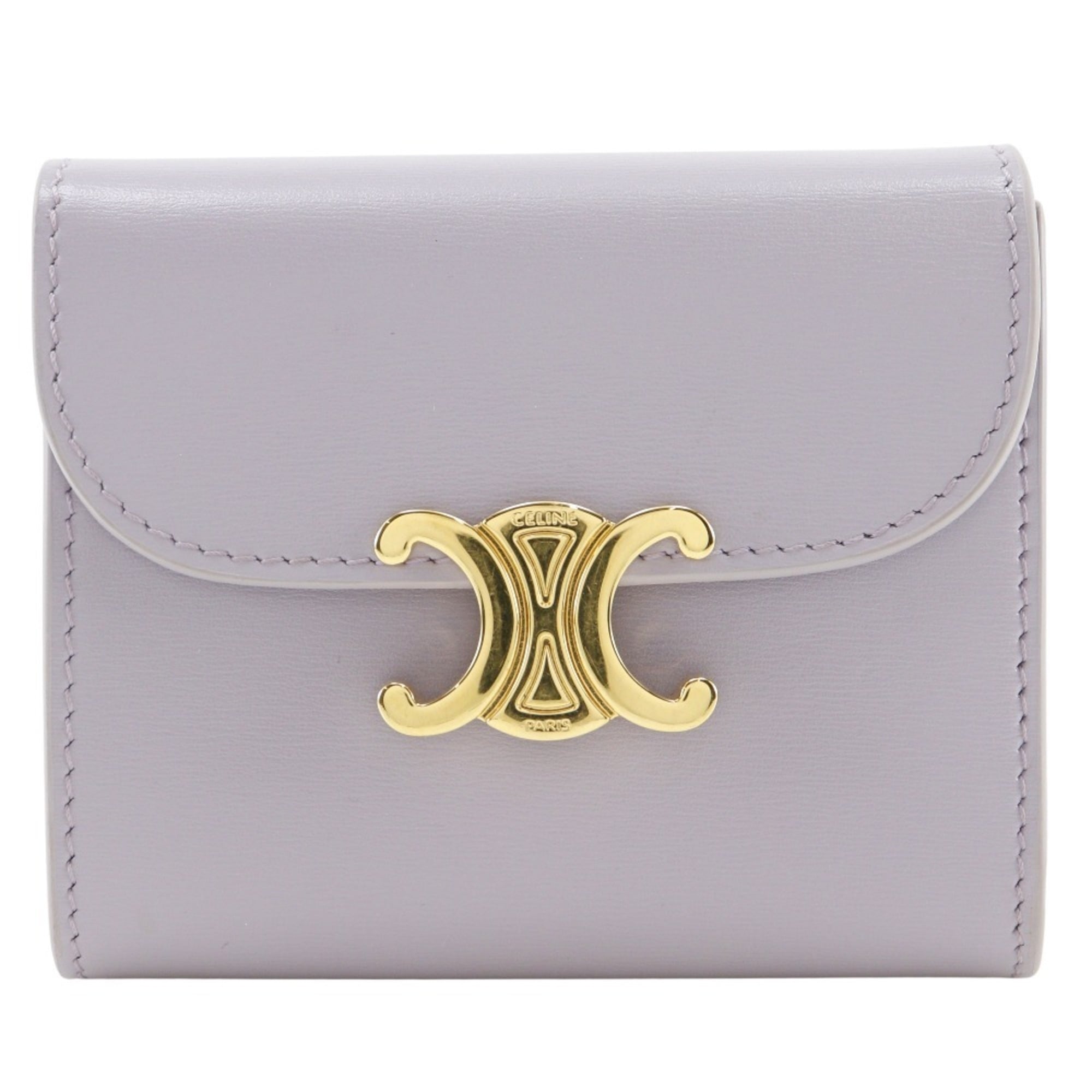 Celine Triomphe Tri-fold Wallet, Small Flap Compact Leather, Purple, Snap Button, Triomphe, Women's