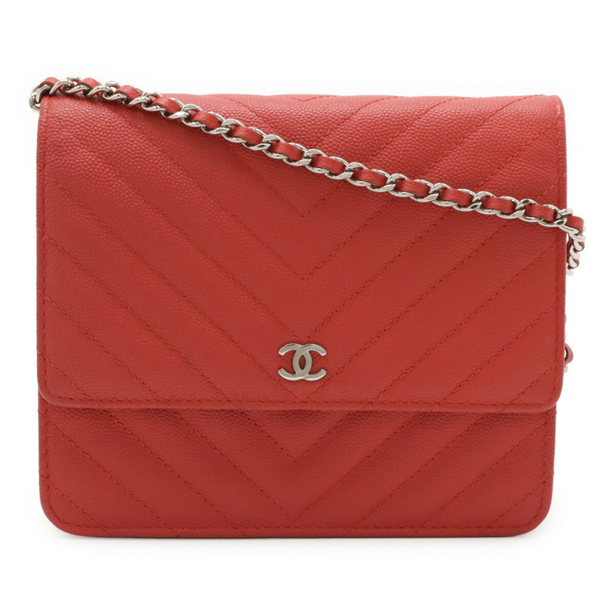 CHANEL V-Stitch Chevron Chain Wallet Shoulder Bag Pochette Caviar Leather Red Pink — Like New