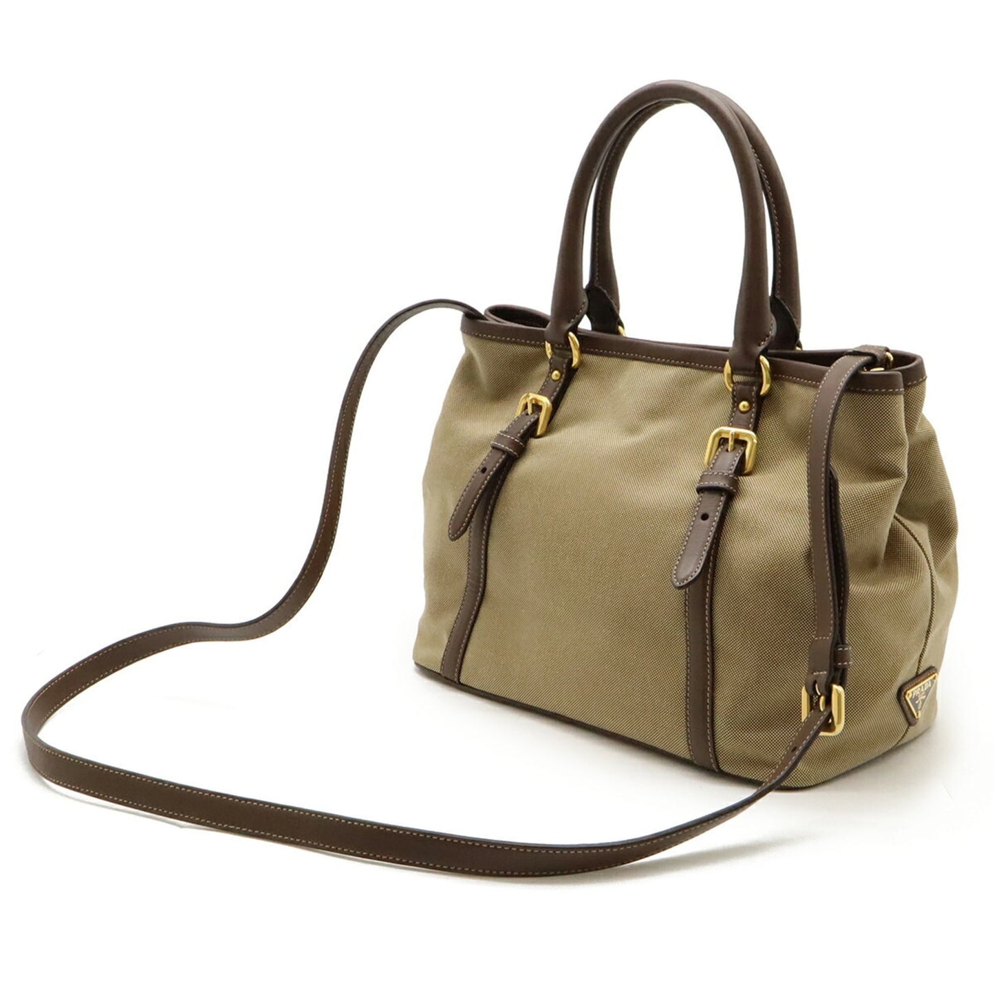 PRADA Jacquard Ribbon Handbag/Tote/Shoulder Bag in Canvas Khaki Beige and Mocha Brown (BN1841)