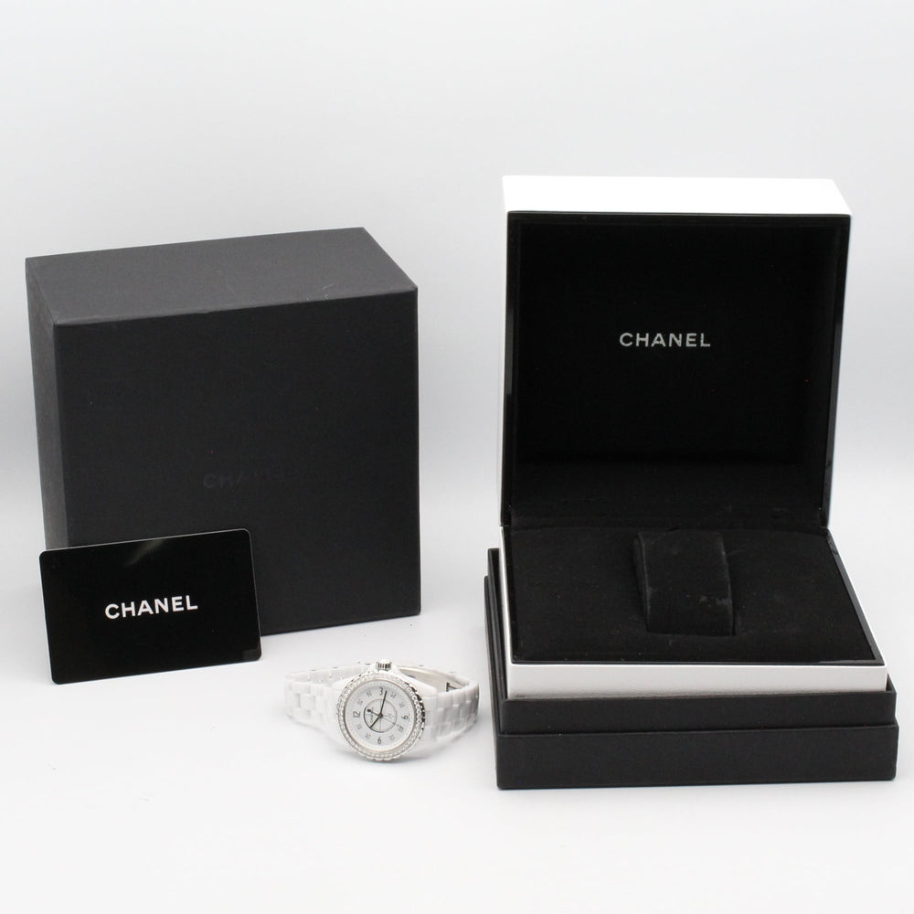 Chanel J12 Diamond Bezel 8-Diamond Watch, Ceramic, Diamond, Ladies, White, H3110 — Very Good