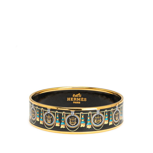 Hermes GM Enamel Cloisonne Tassel Bangle in Black and Gold Plated for Women