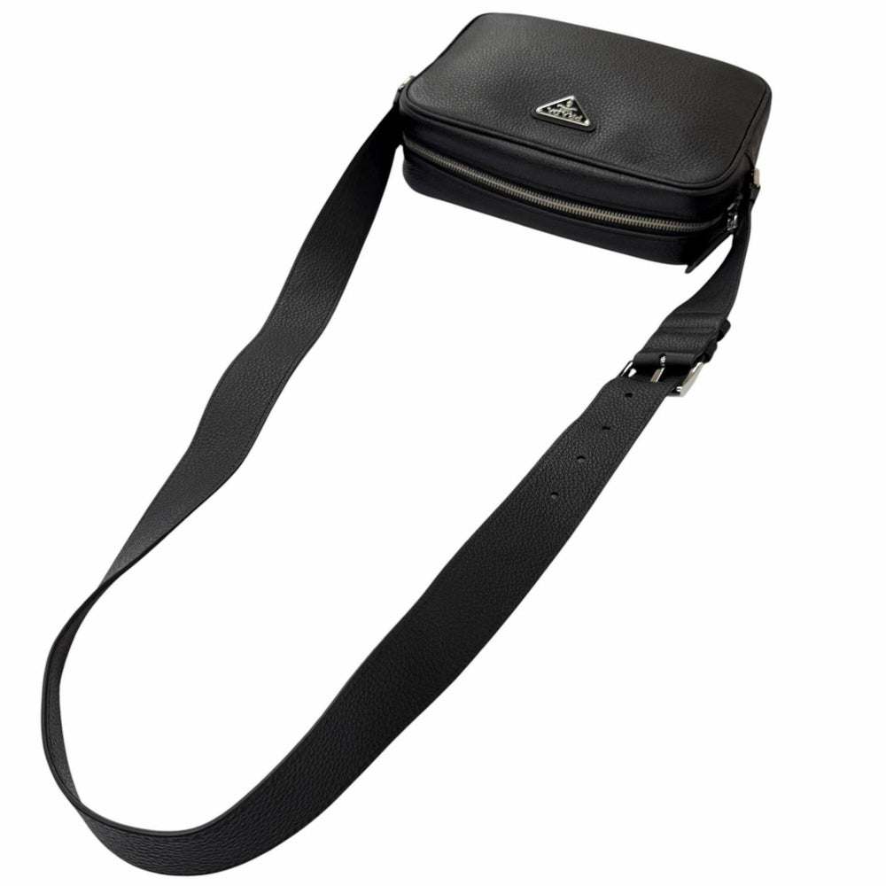 PRADA 2VH189 Leather Triangle Logo Crossbody Shoulder Bag, Black, Made in Italy, Recommended for Men — Like New