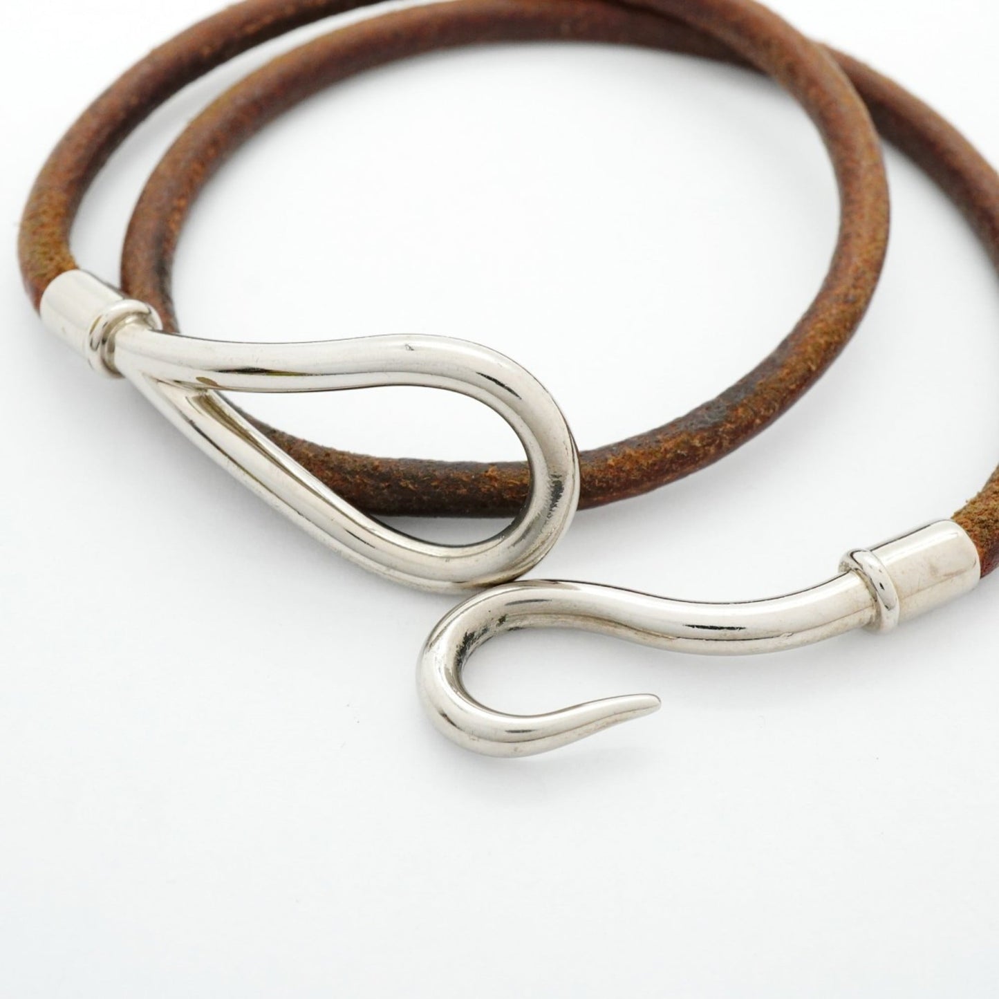 Hermes Jumbo Hook Bracelet, Metal, Leather, Silver, Brown, Women's