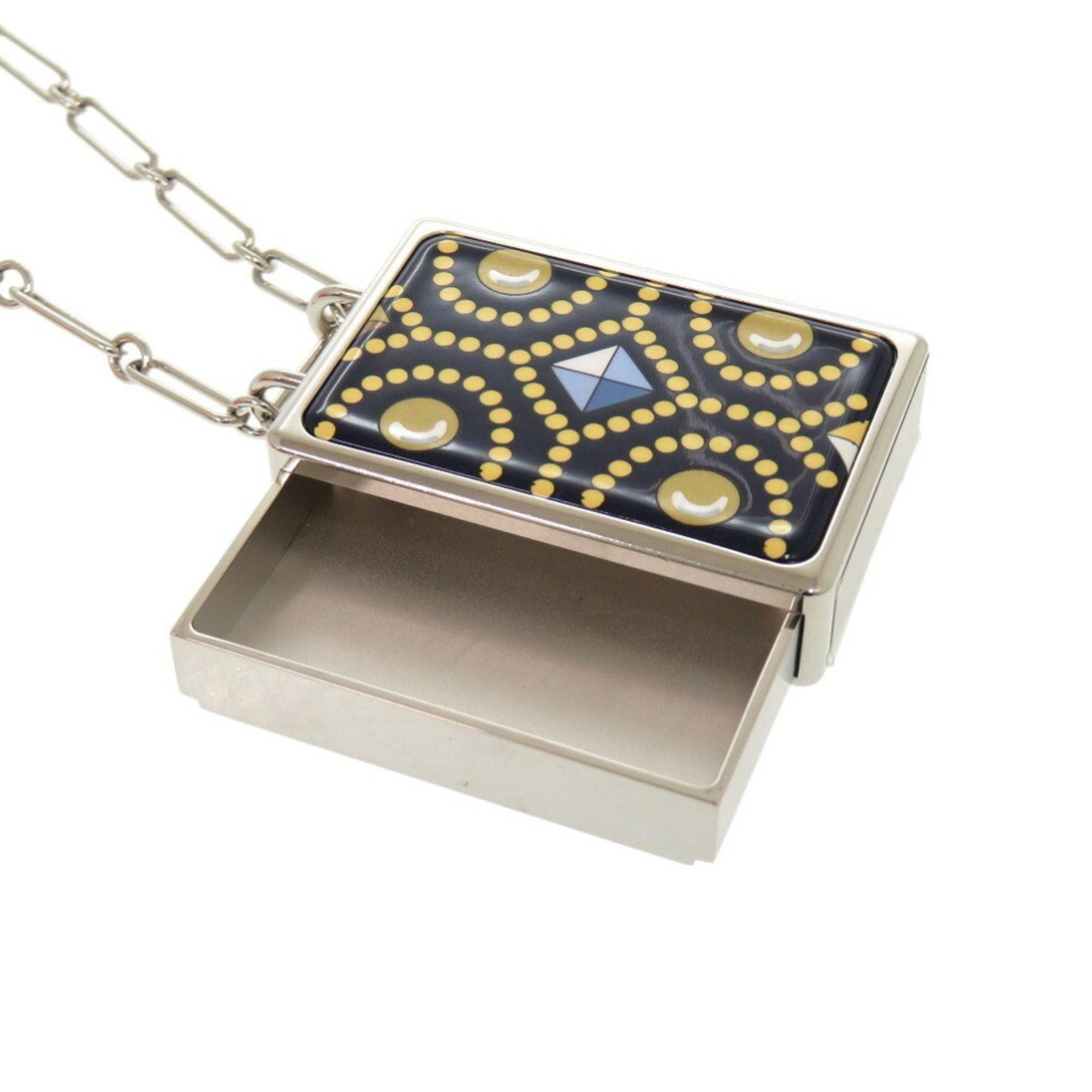 Like new Hermes Boite a Reve pendant metal silver navy necklace 1421HERMES — Like New