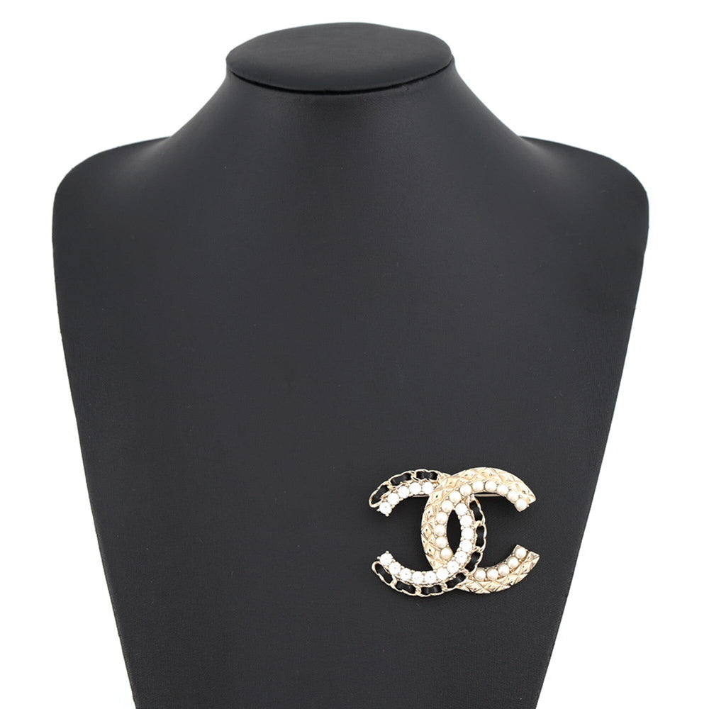 Chanel Brooch, Coco Mark Rhinestone, Faux Pearl, Lambskin, B25V AB8609 CHANEL Brooch BROACH — Like New