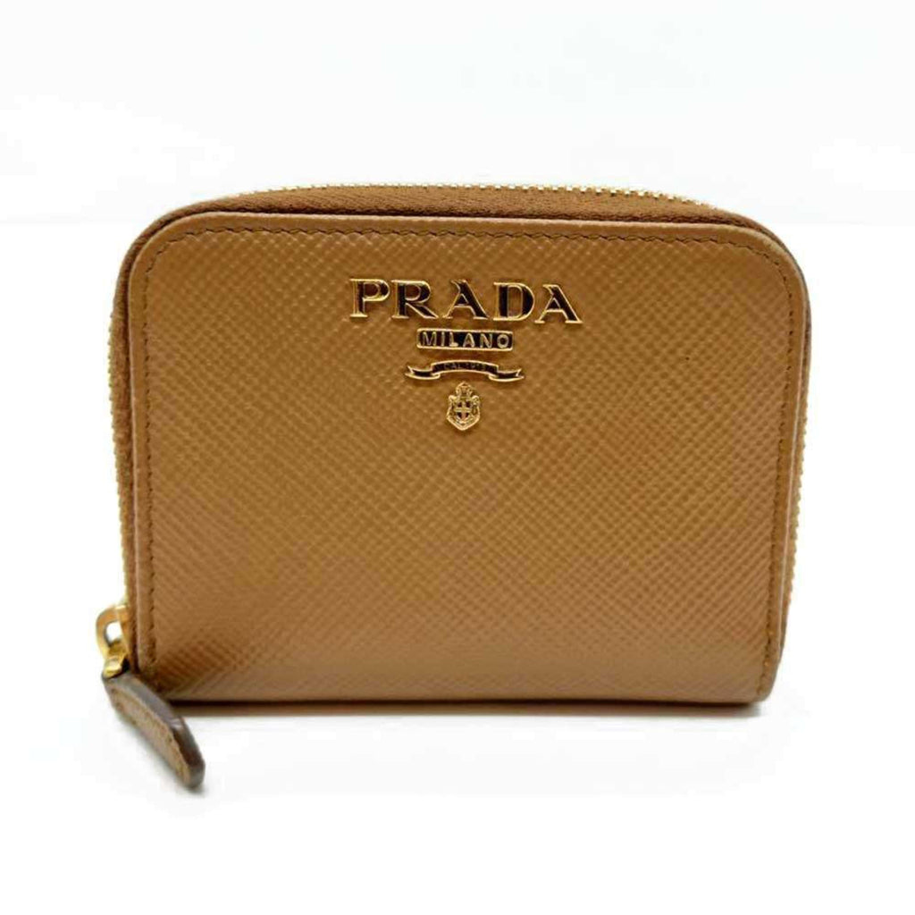 Prada coin case, round, camel and brown Saffiano leather, 1MM268 PRADA