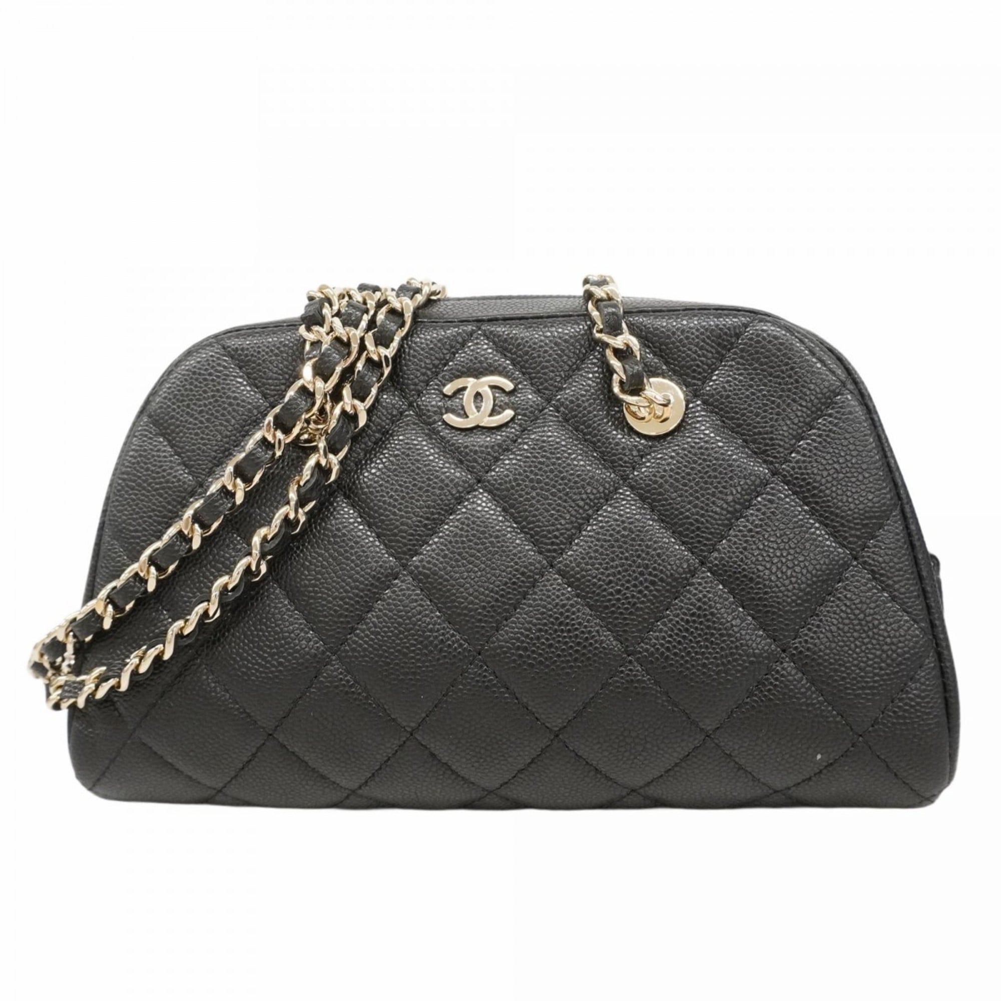 Chanel Matelasse Shoulder Bag with Chain, Caviar Skin, Black Champagne, Women's