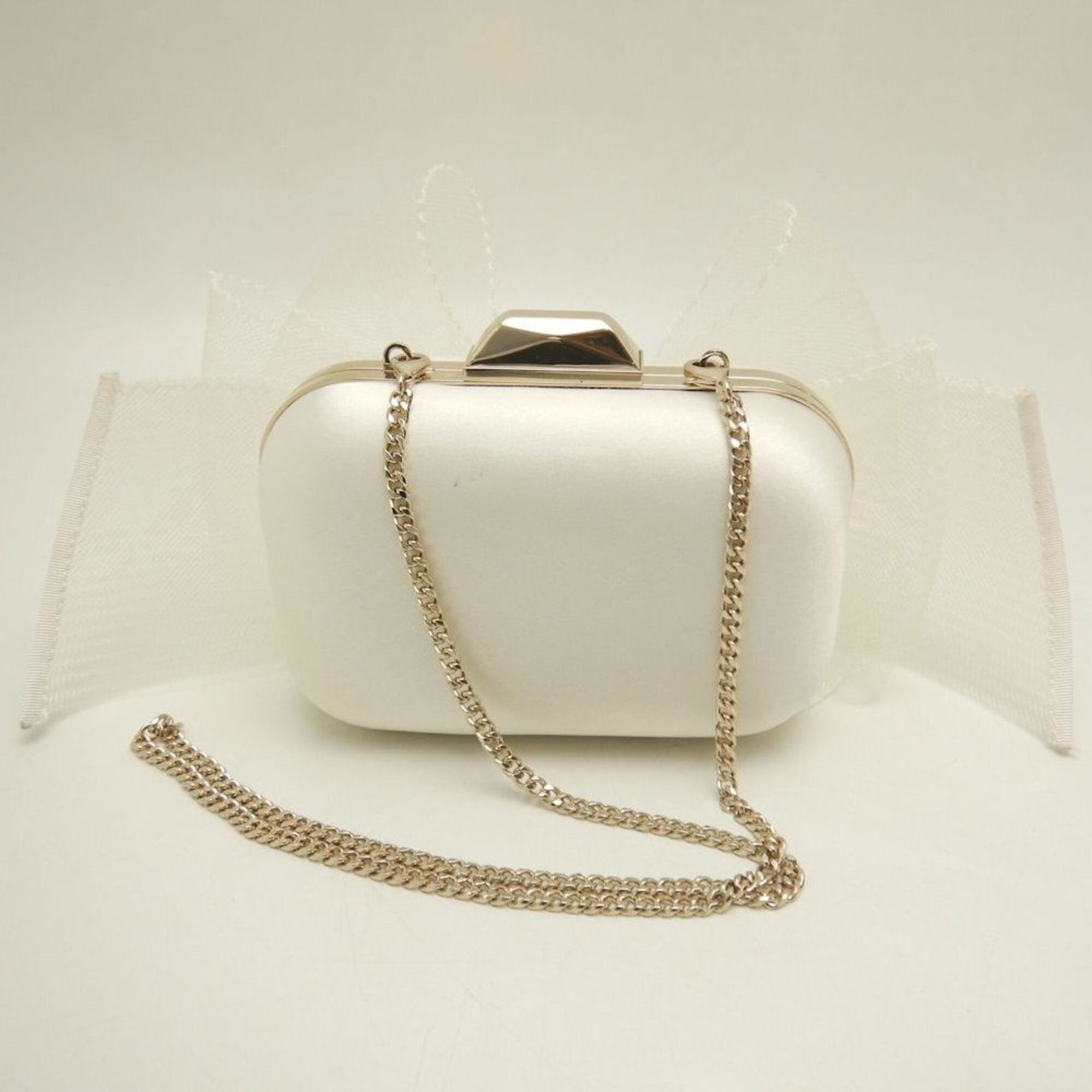 JIMMY CHOO Microcloud Clutch Bag, Chain Clutch, Satin, Off-White, Women's, 253759 — Like New