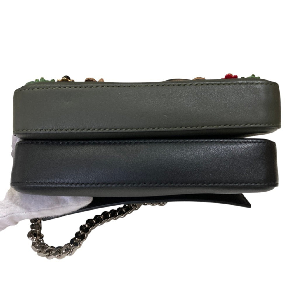FENDI Fendi Applique Stud Flowerland Micro Double Bucket Chain Shoulder Bag Khaki Women's — Like New