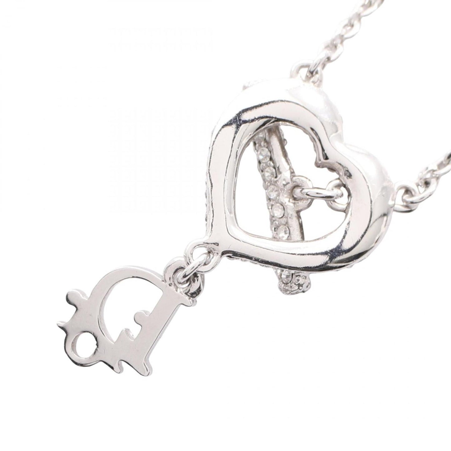 Christian Dior Dior Logo Heart Necklace Jewelry Stainless Steel Rhinestones Women's Silver and Clear