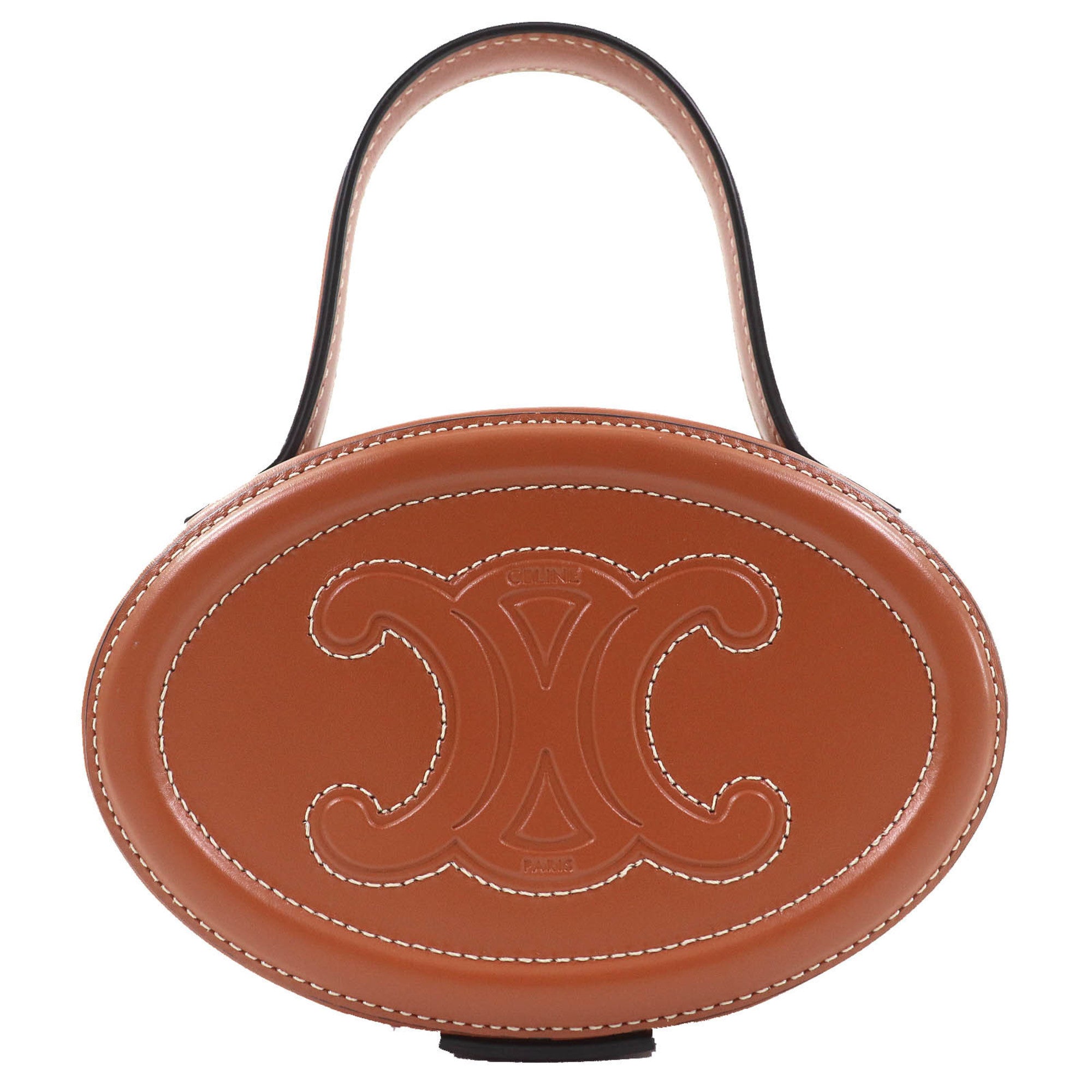 CELINE 198613 Oval Minaudière Cuir Triomphe Smooth Calfskin Leather Handbag in Tan and Brown, Includes Dust Bag, Made Italy — Like New