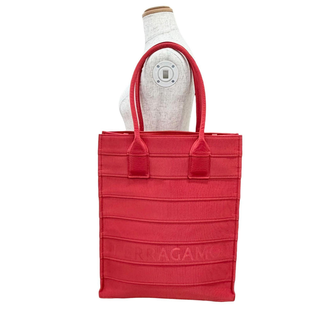 Salvatore Ferragamo FERRAGAMO 213986 Front Logo Leather Grosgrain Square Tote Bag Red Made in Italy Women's with Dust — Like New