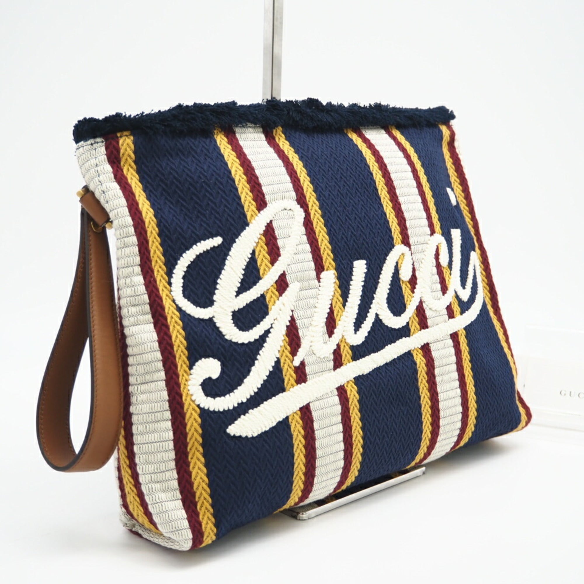 GUCCI Embroidered Canvas Large Pouch 822870 Clutch Bag Navy Multicolor Women's — Like New
