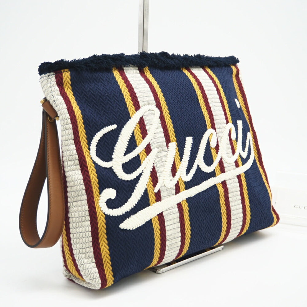 GUCCI Embroidered Canvas Large Pouch 822870 Clutch Bag Navy Multicolor Women's — Like New