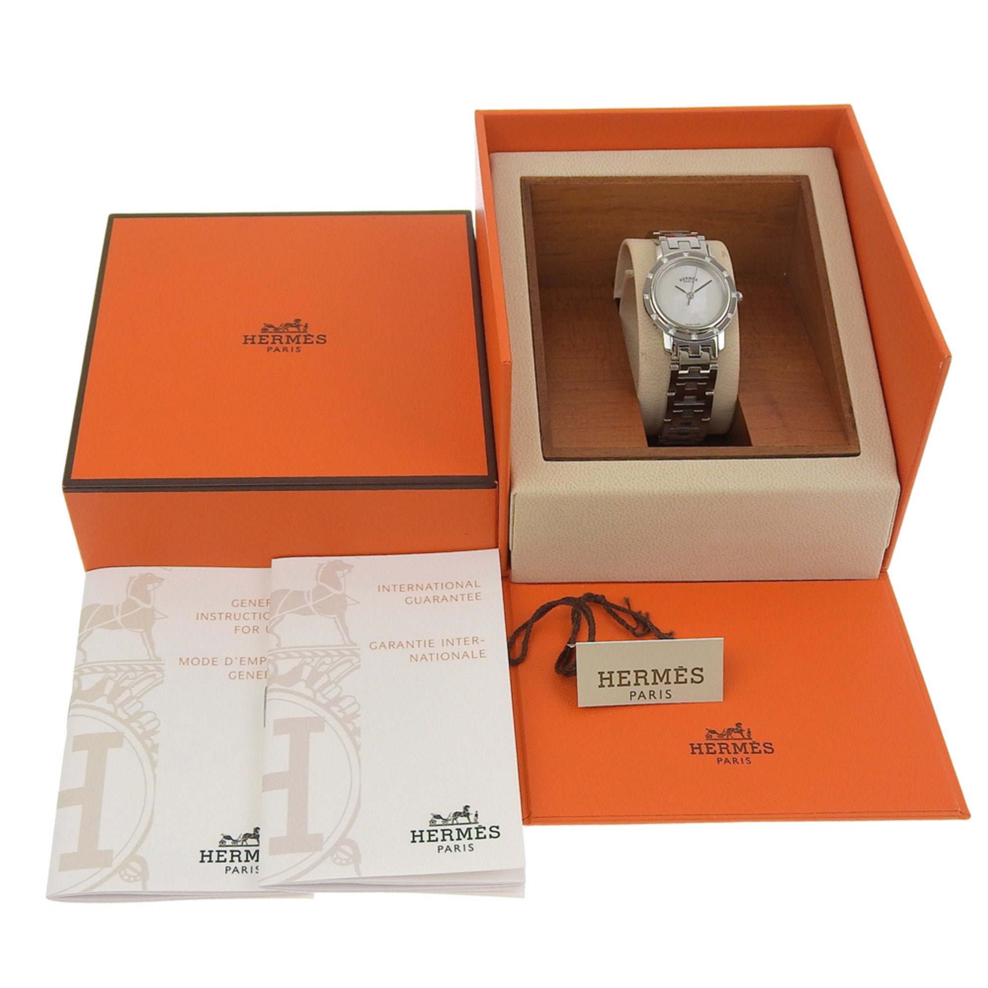 Hermès Clipper Nacre Women's Watch, 12 Diamonds, CL4.230, Stainless Steel, Quartz Movement, Analog Display, White Shell Dial — Very Good
