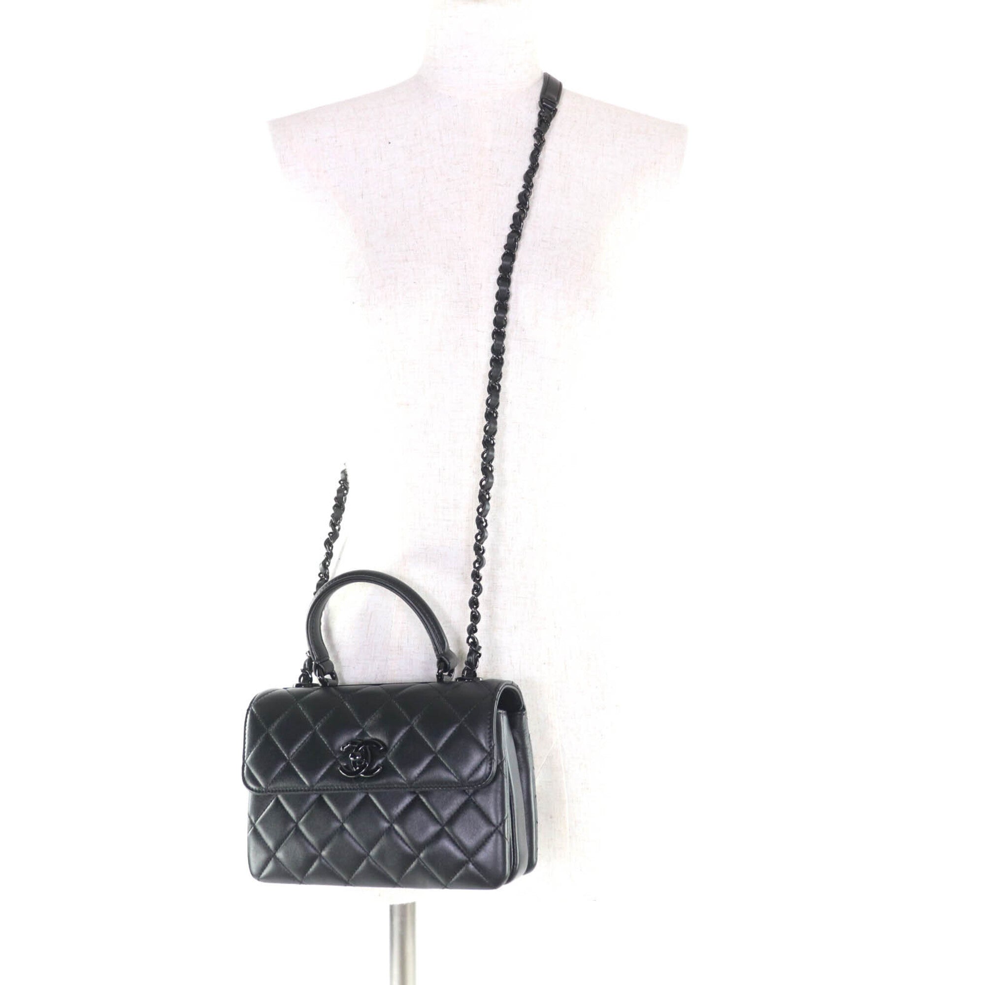 CHANEL Trendy CC Lambskin Leather Top Handle Matelassé Chain Shoulder Bag, Black with Hardware, Made in Italy, Women's — Like New