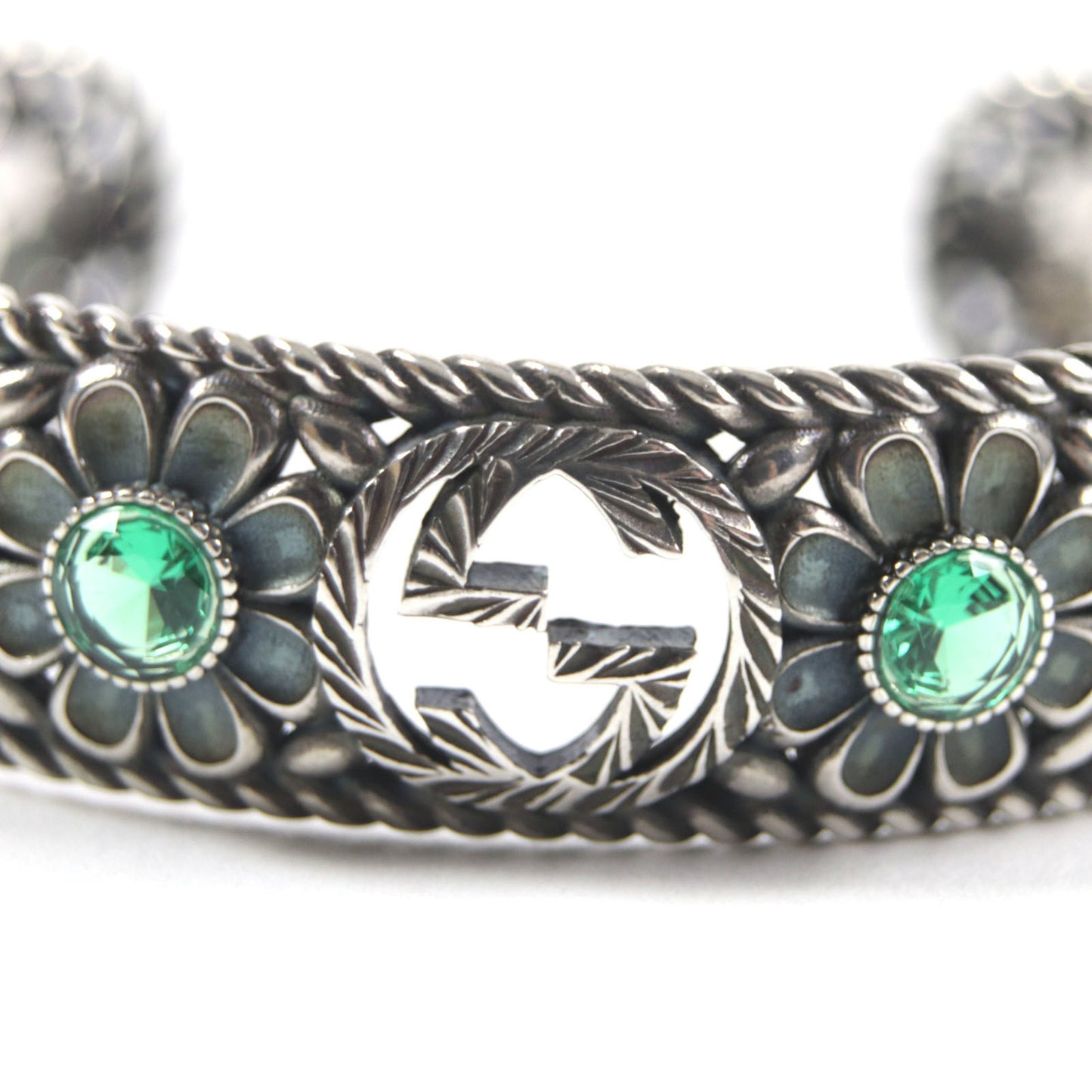 GUCCI Crystal Floral Interlocking G Bangle Bracelet, AG925 Silver, Green, Size 16, Includes Box and Dust Bag, Made in Italy, Weight 24.8g, Men's