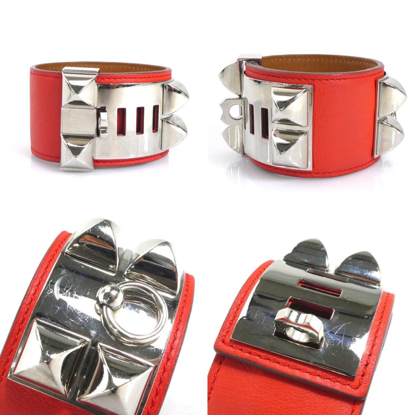 Hermes HERMES Bracelet Collier de Chien Leather Metal Pink Orange Silver Women's e59849g