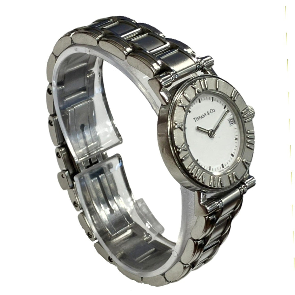 Tiffany & Co. Atlas watch, total weight 53.8g, stainless steel, quartz movement, white dial — Good