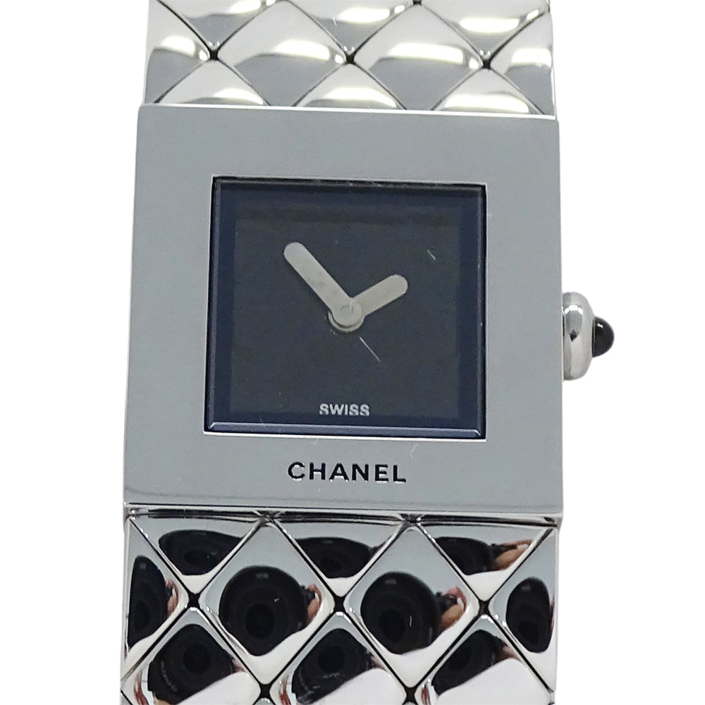 Chanel women's watch, brand name, Matelassé, quartz, stainless steel (SS), H0009, silver, black, square — Good