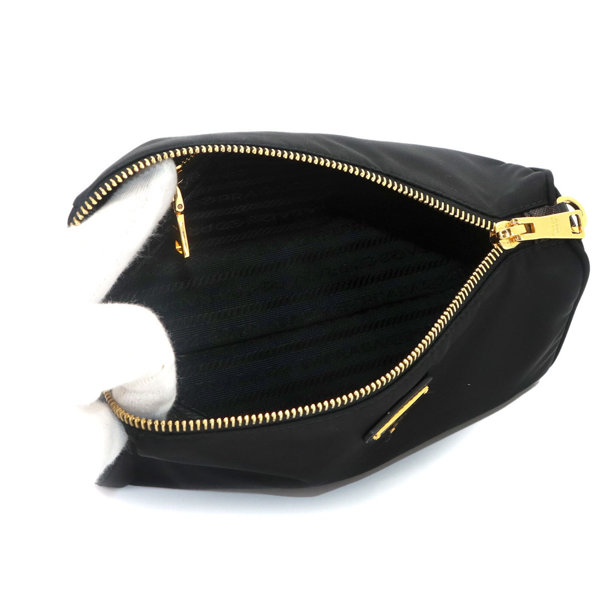 Prada handbag/pouch, nylon, Saffiano leather, black, gold hardware — Like New