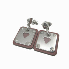 Hermes Asdukur Z engraved heart leather metal brown silver earrings 1256HERMES — Like New