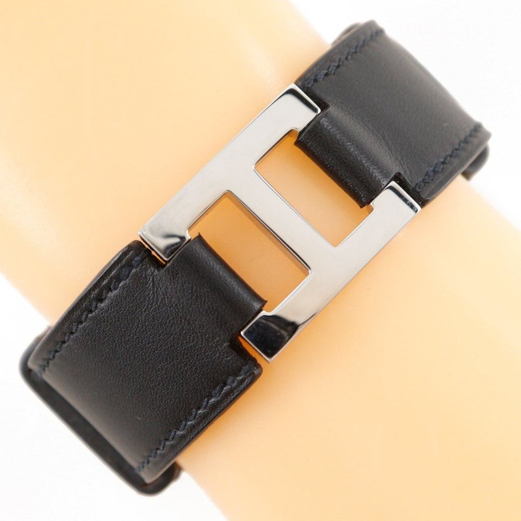 Hermes Hermès H logo bangle bracelet, Vau Chamonix, 2005, black with silver hardware, approximately 17g, logo, unisex