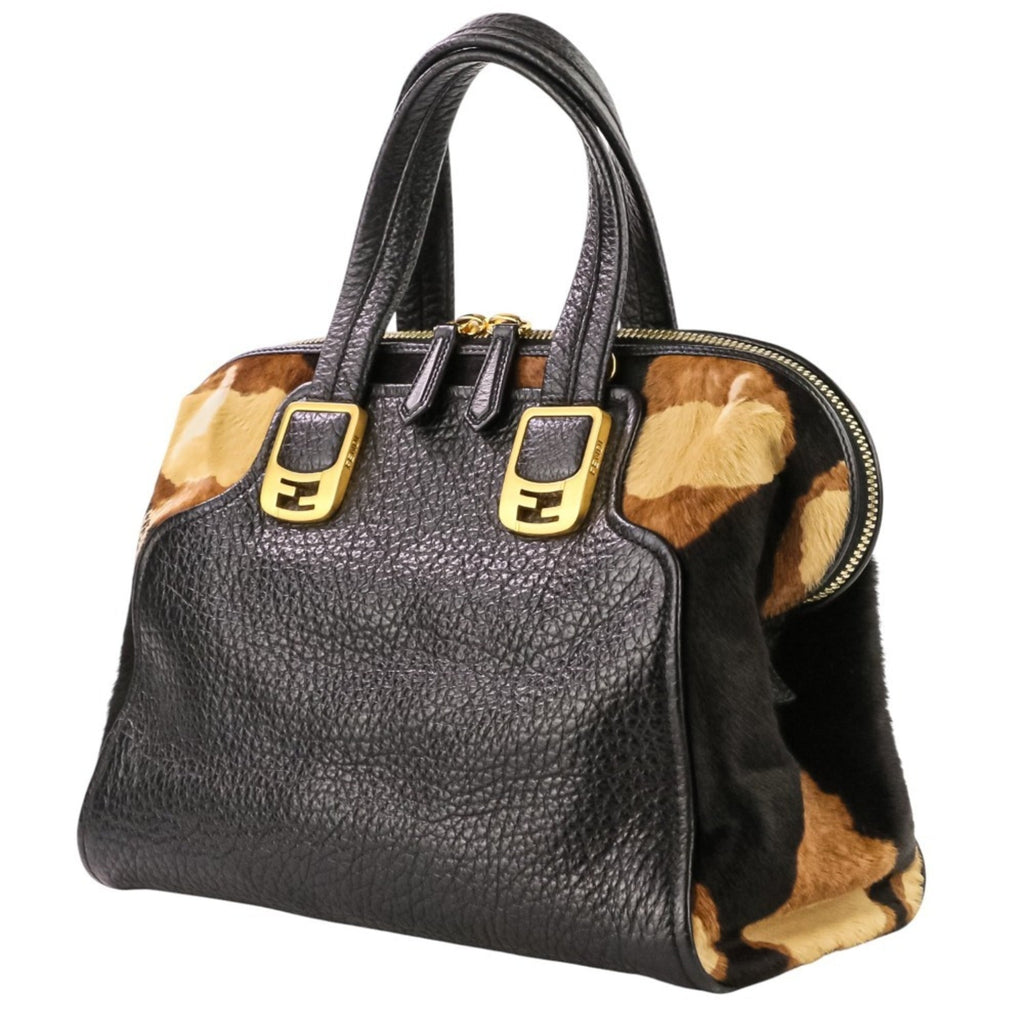 FENDI Chameleon Bag, Leather and Harako 2-Way Handbag, Black Brown, Women's