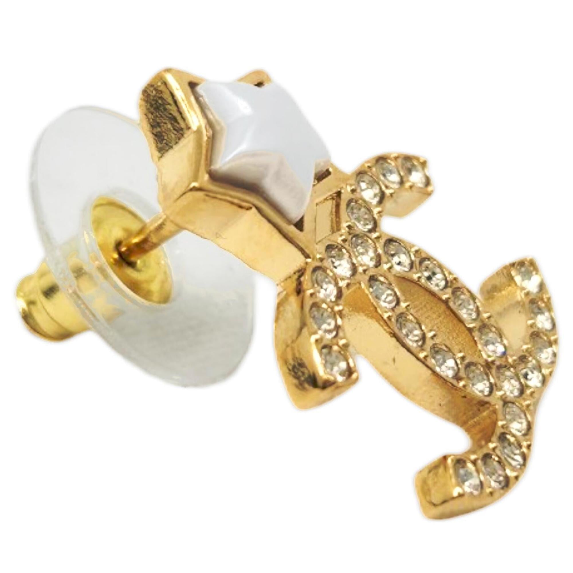 CHANEL Star Earrings, Metal, Gold, B25V, Rhinestone, Coco Mark, White, Women's — Like New