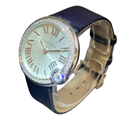 Cartier Ballon Bleu de watch, total weight 27.7g, stainless steel, genuine leather strap, diamonds, quartz movement, silver dial, W4BL0002 — Very Good