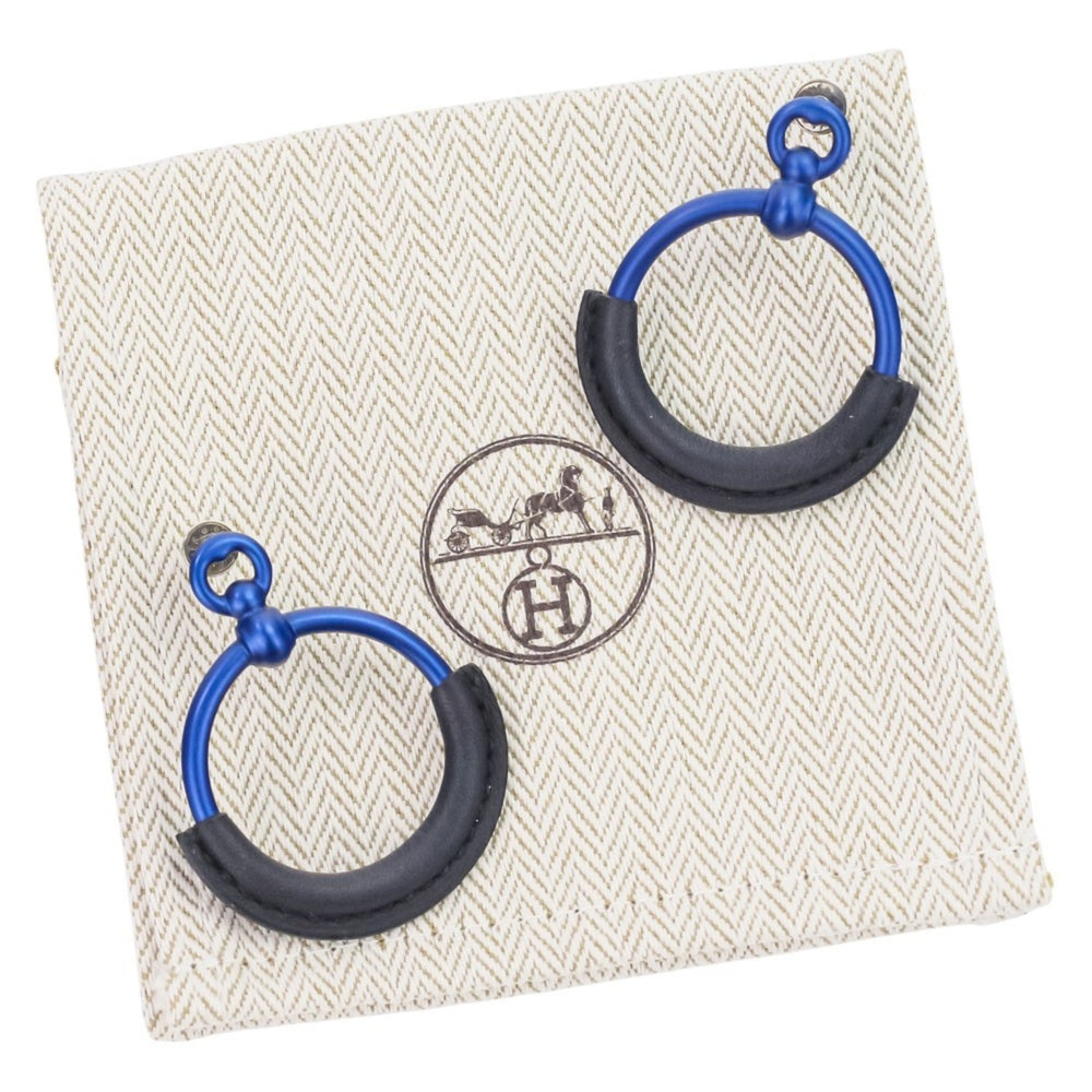HERMES Loop Grand Earrings PM Aluminum Navy Women's — Like New
