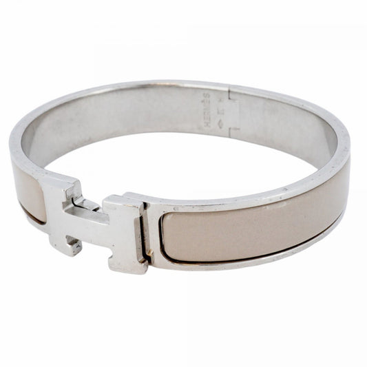 Hermes Click Clack PM Bangle, Metal, Silver, Beige, Women's