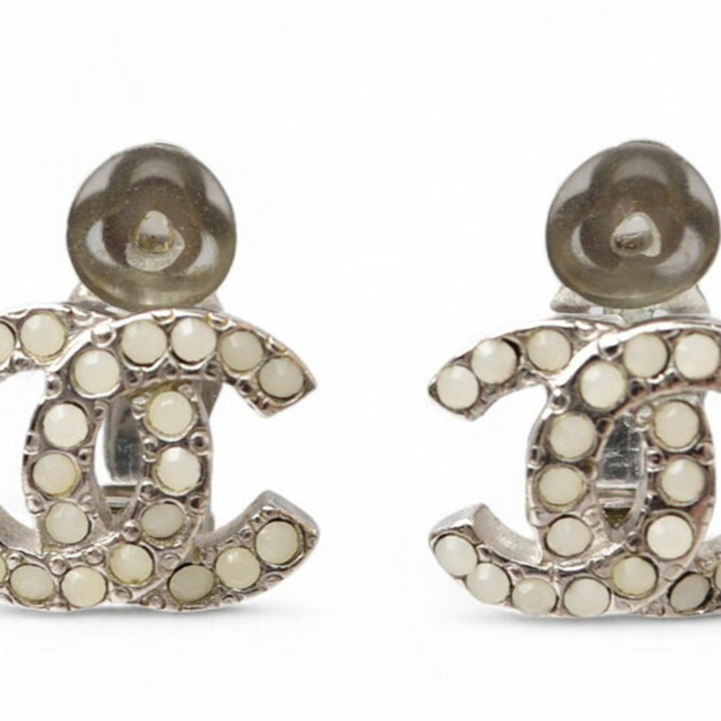 CHANEL Earrings Coco CC Color Stone Silver White 06
