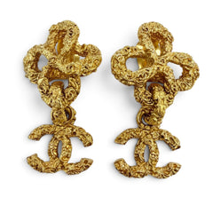 CHANEL Vintage 93A Metal Lava Flower Coco Mark Swing Earrings, Gold, Made in France, Women's, with Box — Like New