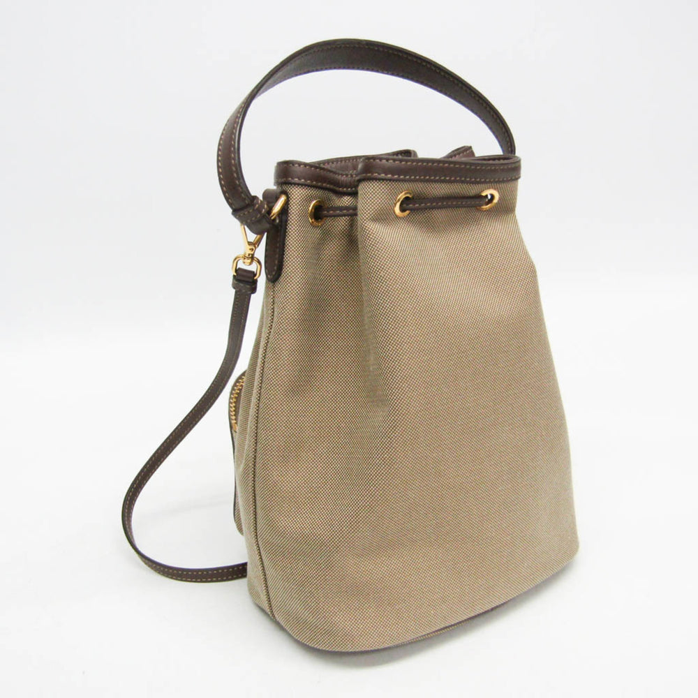 Prada Logo Jacquard Drawstring Bag Women's Leather,Jacquard Handbag,Shoulder Bag Beige Brown,Dark Brown — Like New