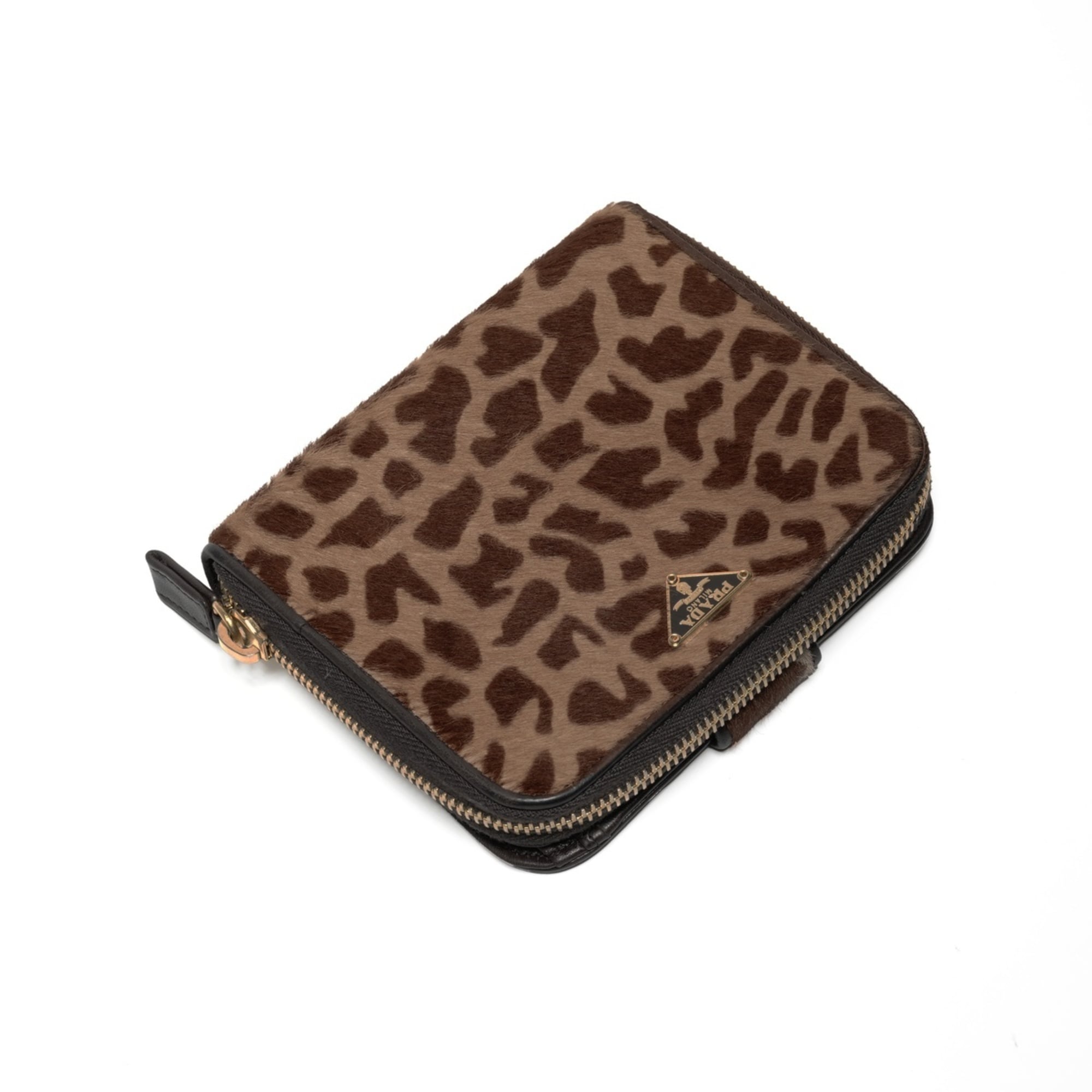 Prada Harako Leopard Print Round Zip Compact Wallet, Brown