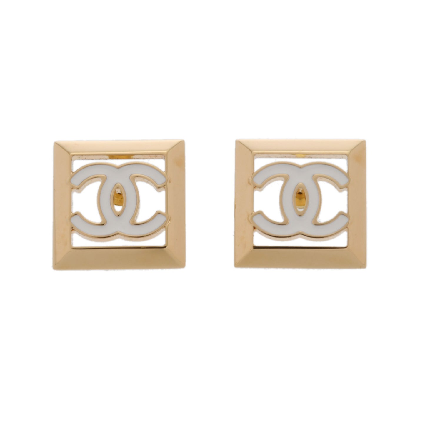CHANEL Square Logo Earrings, Gold and White, Women's, GP A-Rank, Pre-Owned, Ginzo