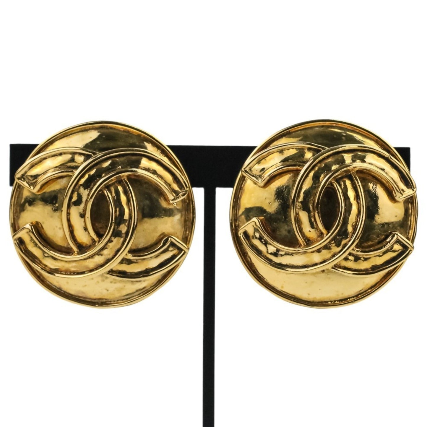 94P CHANEL Vintage Coco Mark Large Circle Earrings Gold Color Women's