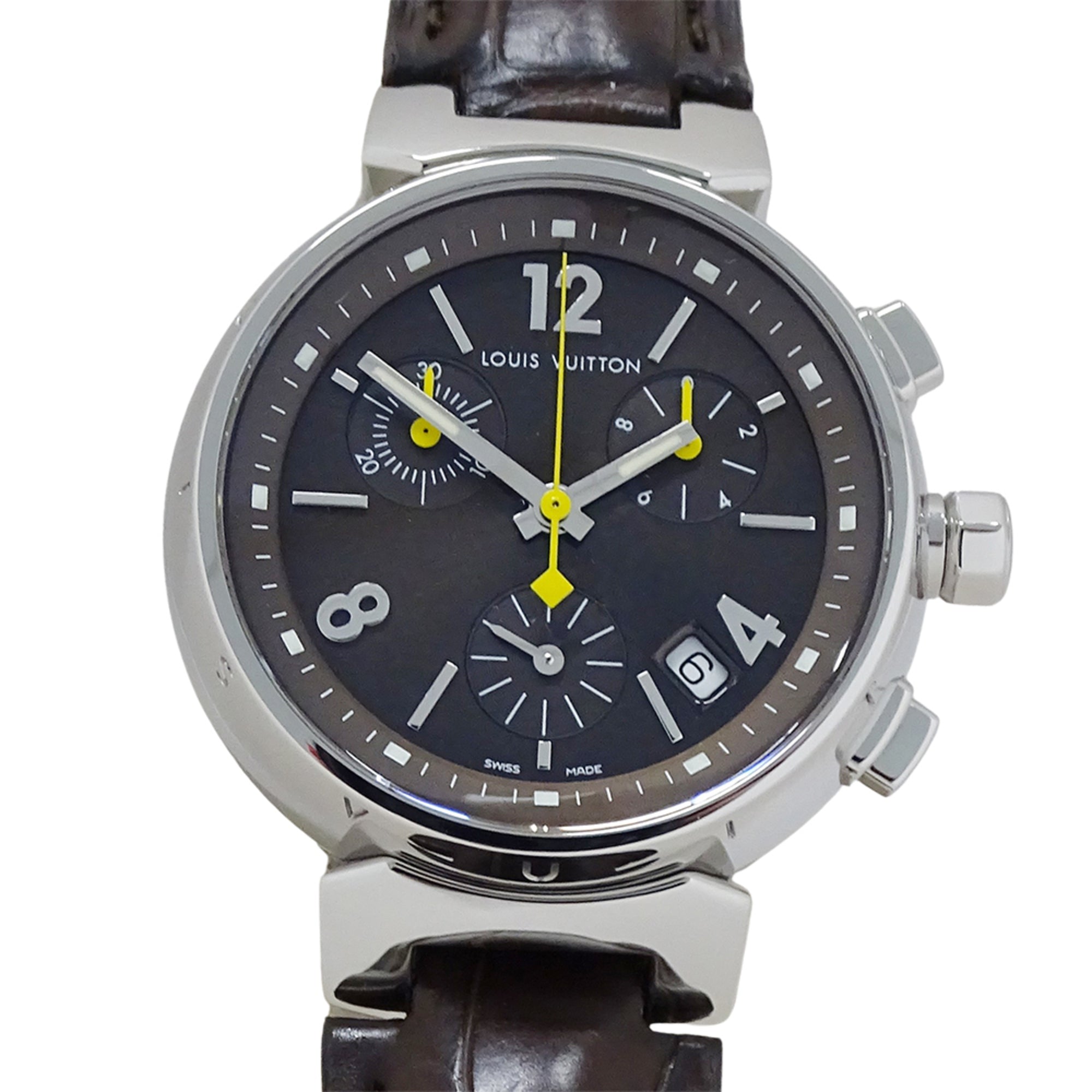 Louis Vuitton LOUIS VUITTON Boys' Watch Tambour Chronograph Date Quartz QZ Stainless Steel SS Leather Q1321 Silver Brown — Good