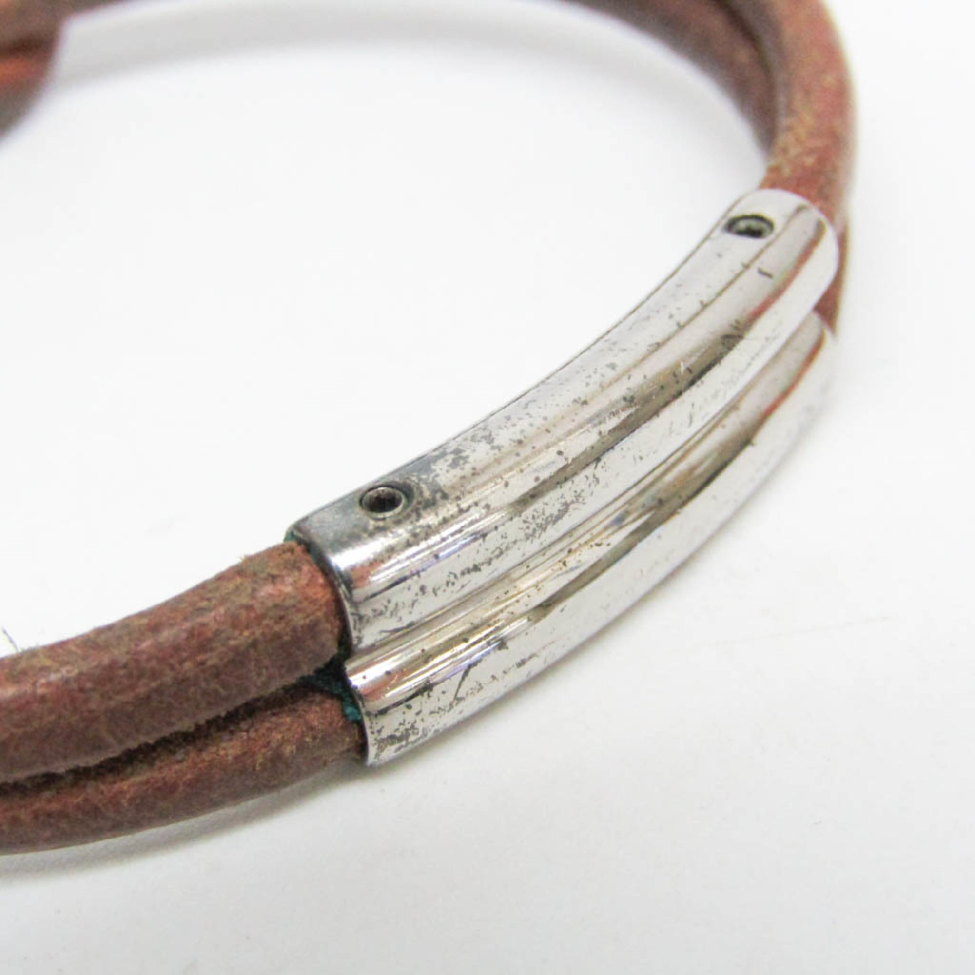 Hermes Hercule Leather,Metal Bangle Silver,Brown