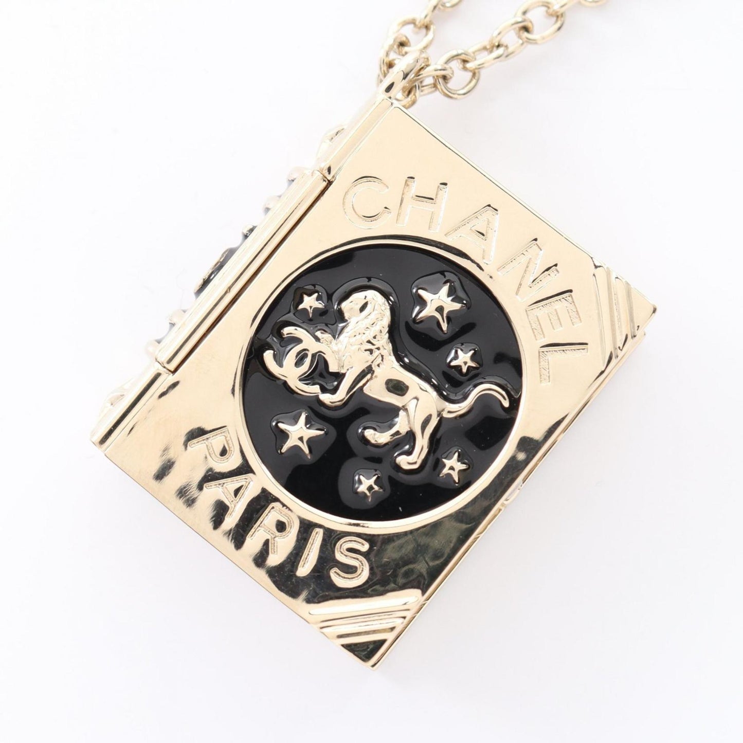 CHANEL Coco Mark Book Motif Necklace, Gold Plated, Women's, and Black