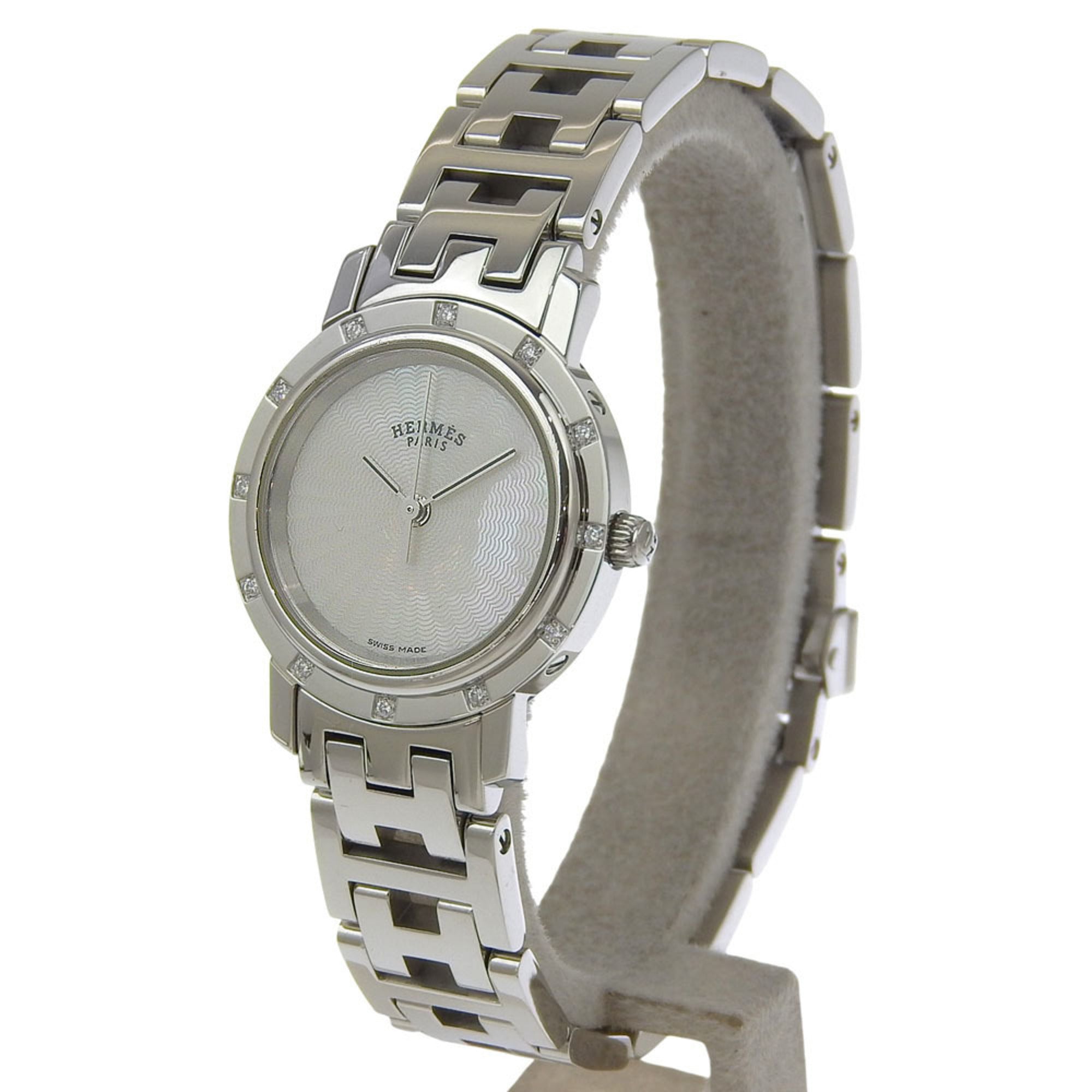 Hermès Clipper Nacre Women's Watch, 12 Diamonds, CL4.230, Stainless Steel, Quartz Movement, Analog Display, White Shell Dial — Very Good