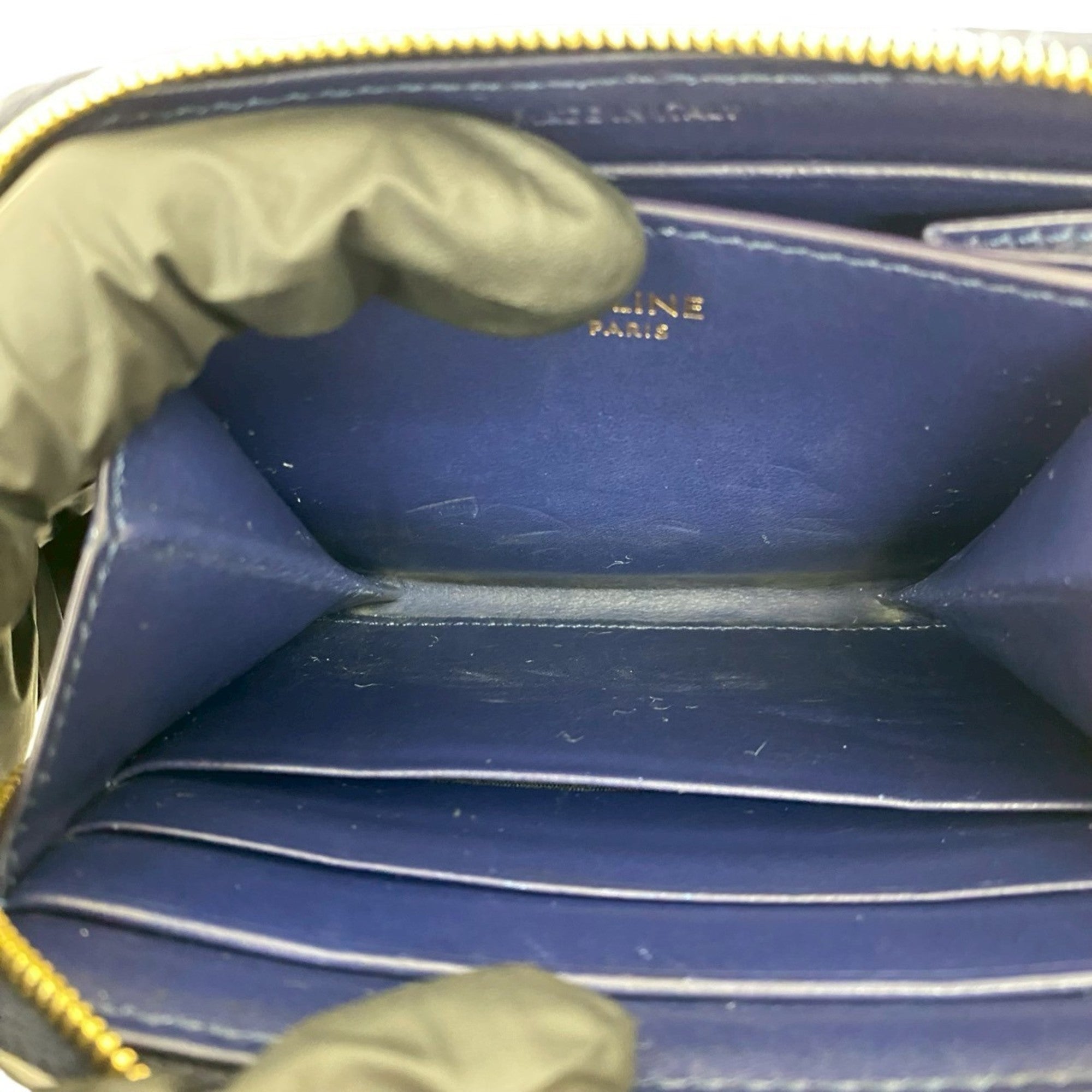 CELINE C Charm Compact Wallet, Quilted Leather, Genuine Round Zip, Bifold Navy, 37267