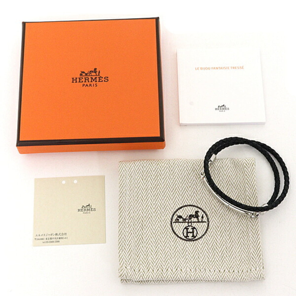 Hermes leather bracelet "Luri" Double Tour, Veau Swift leather, black and silver — Like New
