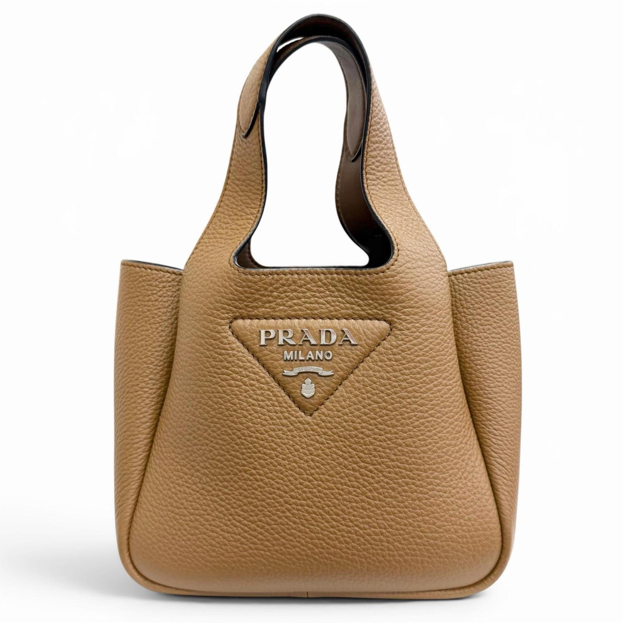 PRADA 1BA349 Mini Handbag, Leather, Metal Lettering Logo, Caramel Brown, Made in Italy, Women's, Very Popular, Highly Recommended ◎ — Like New