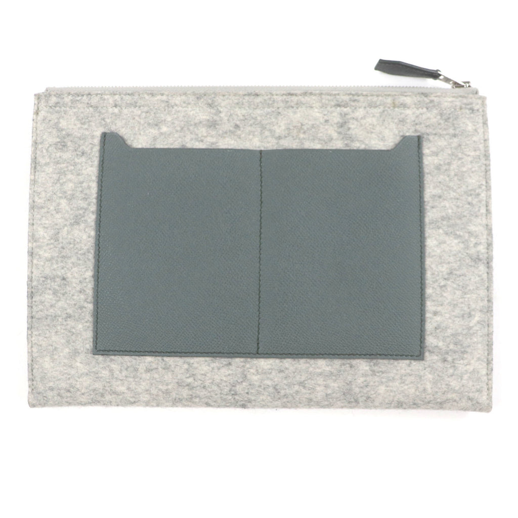 HERMES TOO DOO 29 Felt and Epsom Leather Flat Pouch/Clutch Bag with Silver Hardware, Gray, D Stamp, Dust Included, Made in France